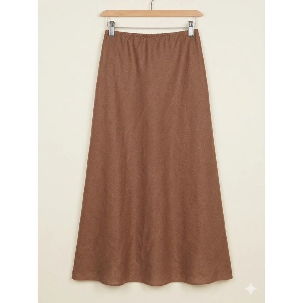 Adolfo Studio Womens Skirt Size 10P Brown 100% Linen Maxi Elastic Waist A-Line